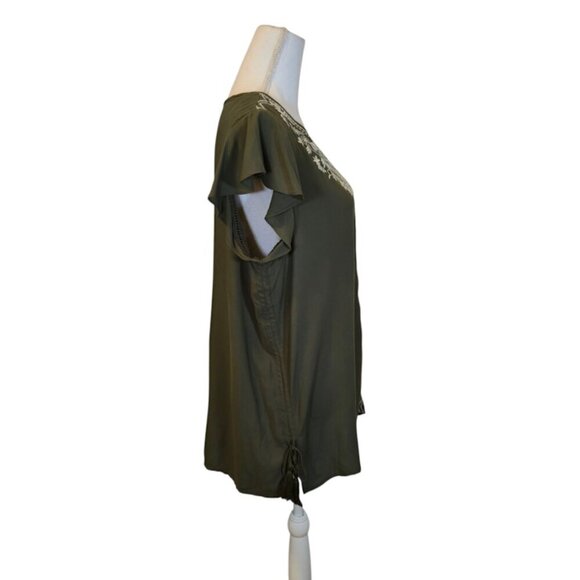 Time & Tru Embroidered Top Women Size L Green Bohemian Preppy Peasant - Picture 4 of 8